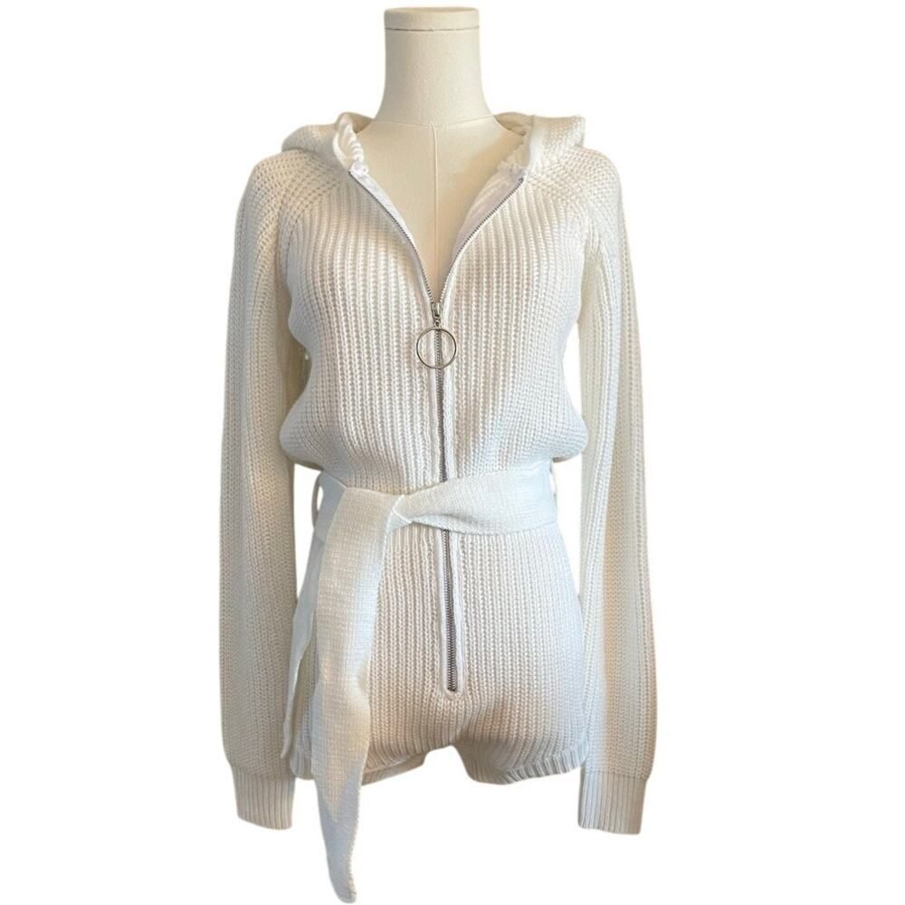Cozy Chic Ribbed Zip-Up‎ Hooded Romper - Off White/Cream Size Small